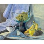 Ann Crawford, Fruit, oil on board, signed bottom left, paper label verso, white painted glazed