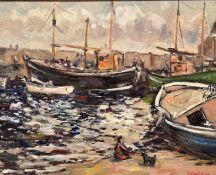Unknown Artist, Fishing Boats at Harbour, oil on panel, signed bottom right indistinctly, gilt