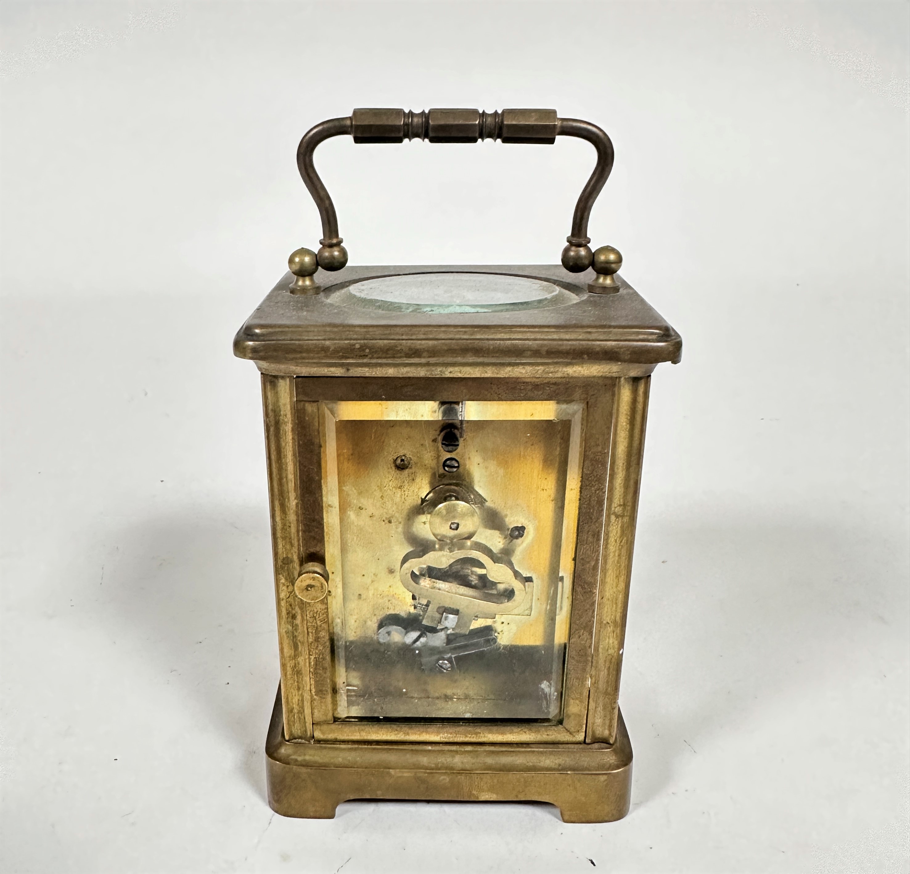 A French brass four glass carriage clock with enamelled dial, retailed by Rowell of Oxford, with - Image 3 of 3