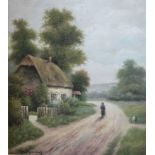 C T Magxechah, Figure Walking Outside a Thatched Cottage, watercolour, signed bottom left, pine