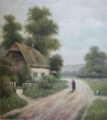 C T Magxechah, Figure Walking Outside a Thatched Cottage, watercolour, signed bottom left, pine