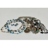 Three strands of lapis, turquoise and agate bead necklaces, (d 13cm) various brooches, a pair of