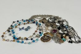 Three strands of lapis, turquoise and agate bead necklaces, (d 13cm) various brooches, a pair of