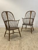 Ercol, a Pair of Windsor type stained beech and elm chairs, double hoop and spindle back over shaped