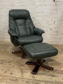 A Vintage green leather upholstered reclining easy chair and footstool H102cm