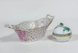 A Herend porcelain oval lattice two handled basket decorated with pink floral design (9cm x 25cm x