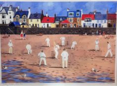 Jennifer Thomson, Sunday Cricket Elie Bay, print, signed in pencil, oak glazed frame, (41cm x 56cm)
