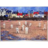 Jennifer Thomson, Sunday Cricket Elie Bay, print, signed in pencil, oak glazed frame, (41cm x 56cm)