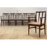 A set of six (4+2) mid century teak dining chairs, the spar backs over seats in original fabric,