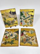 A set of four Meiji period Japanese hand drawn on paper panels depicting court scenes, including