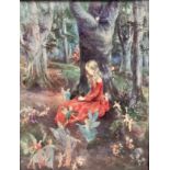 A 1920s print depicting a Girl in a Red Dress in Woodland with Pixies, Fairies, Cherubs etc and