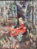 A 1920s print depicting a Girl in a Red Dress in Woodland with Pixies, Fairies, Cherubs etc and
