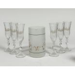 A Johnson Brothers Eternal Beau, set of six champagne flutes and a frosted glass jug. ( flutes h-