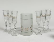 A Johnson Brothers Eternal Beau, set of six champagne flutes and a frosted glass jug. ( flutes h-