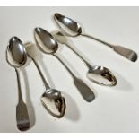 A set of five Dublin silver Fiddle pattern dessert spoons, (L: 17cm) with coronet and crescent
