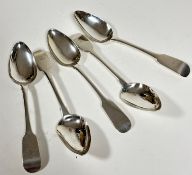 A set of five Dublin silver Fiddle pattern dessert spoons, (L: 17cm) with coronet and crescent