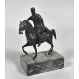 A 19thc. cast bronze Roman figure mounted on horse, on rectangular marble base (23cm x base: 14cm