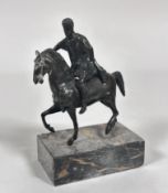 A 19thc. cast bronze Roman figure mounted on horse, on rectangular marble base (23cm x base: 14cm