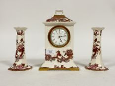 A Masons red mandalay pattern ceramic clock garniture, comprising a clock with quartz movement and