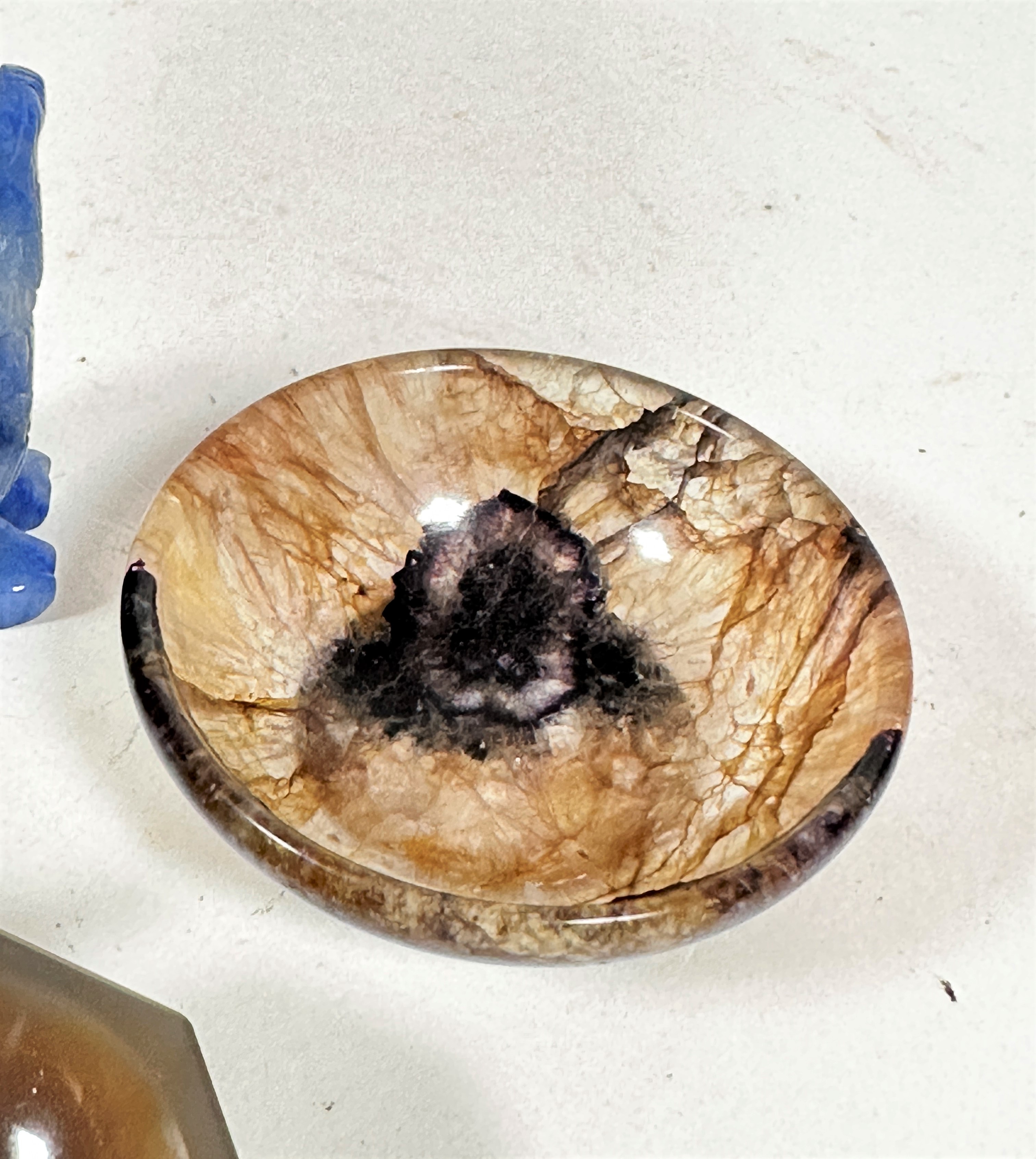 A miniature Blue John dish decorated with variegated purple, black and brown striations (2cm x 6cm), - Image 2 of 5