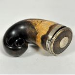 A 19thc white metal Scottish rams horn snuff mull with centre white metal plaque, initials WB (
