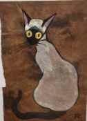 Terry Barron Kirkwood (Scottish), Bluepoint Cat, watercolour on coloured paper, signed, silvered