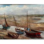 F Pelling, Leigh Creek Fishing Boats at Low Tide, oil on board, signed bottom right, inscribed