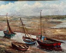 F Pelling, Leigh Creek Fishing Boats at Low Tide, oil on board, signed bottom right, inscribed