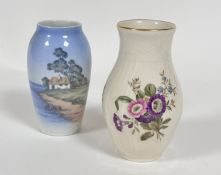 A Danish Royal Copenhagen oval tapered vase decorated with landscape scene (13cm x 5cm to base), a