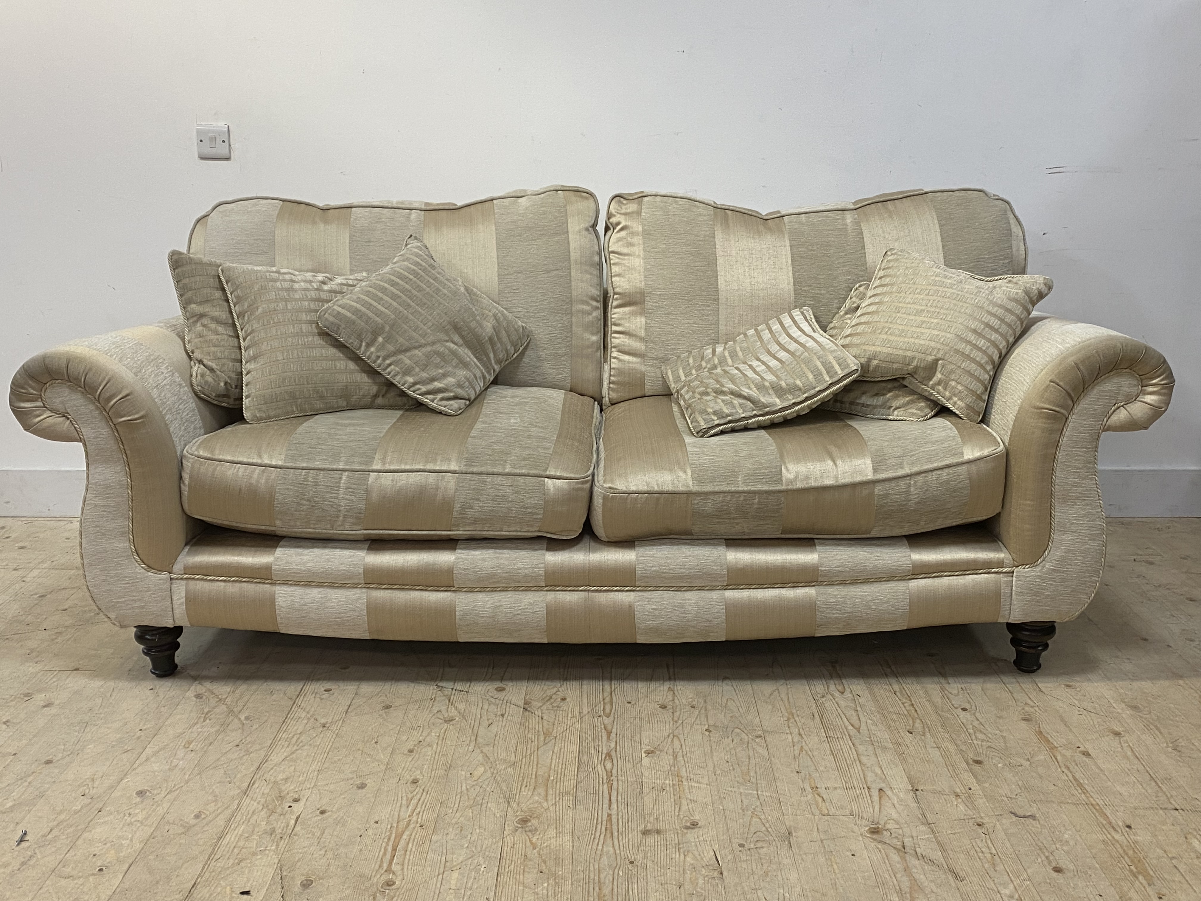 A contemporary three piece lounge suite, comprising a three seat sofa, a two seat sofa, and an arm - Image 2 of 3