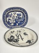 A Late Mayers china oval meat ashet decorated with black and white transfer printed bird and green