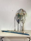 Fishing interest, A three section graphite fishing rod, in canvas bag, together with three nets