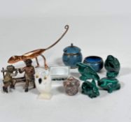 A copper Chameleon figure (15cm including tail), a shell Owl figure, a Meissen miniature salt and