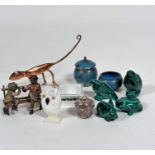 A copper Chameleon figure (15cm including tail), a shell Owl figure, a Meissen miniature salt and