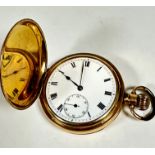 A gentleman's gilt metal full Hunter pocket watch. enamelled dial and subsidiaries dial, seconds