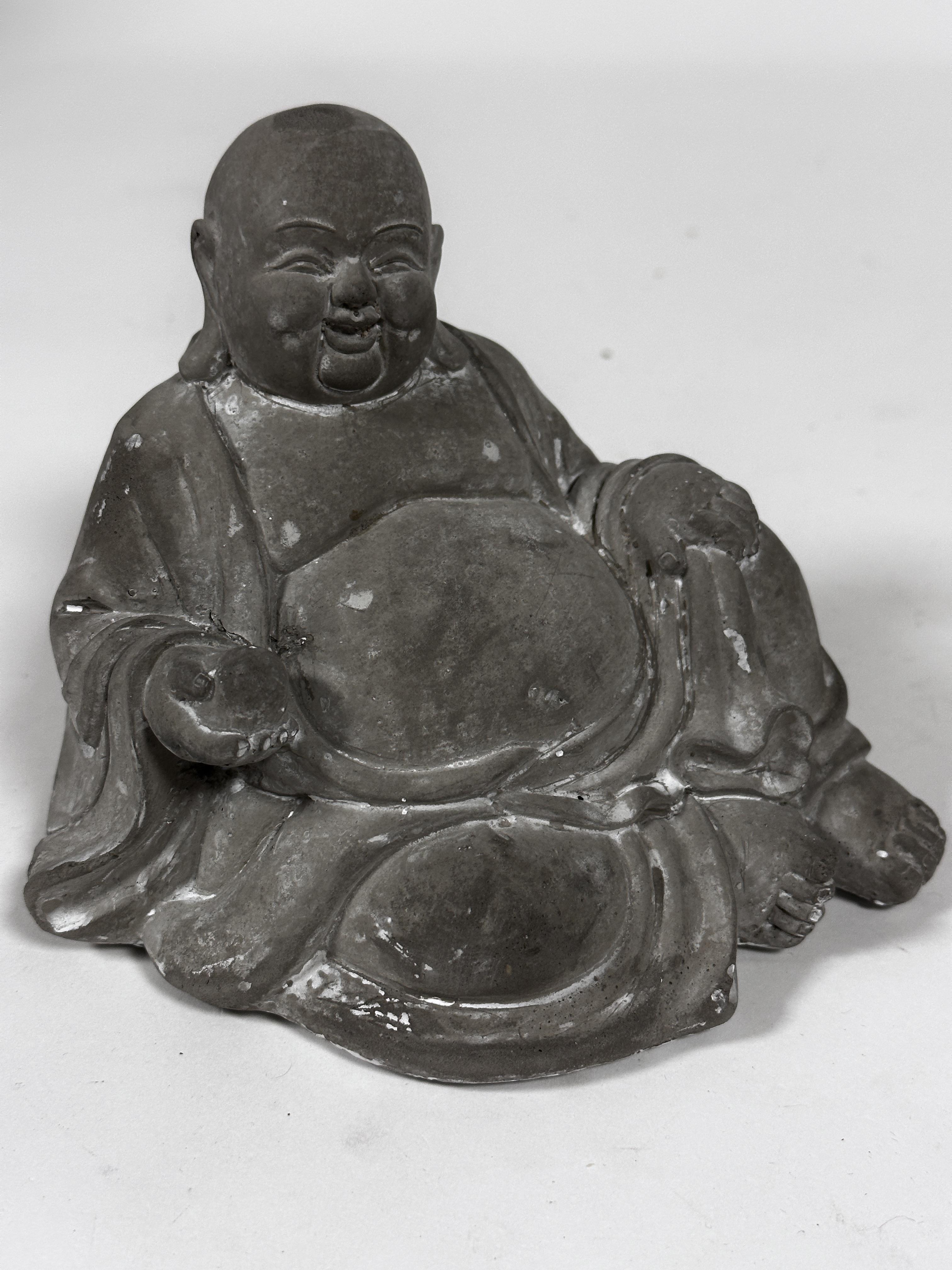 A plaster cast seated Happy Buddha figure with grey painted finish (14cm x 14cm) and a Middle - Image 4 of 4