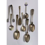 A pair of George III Chester silver spoons, together with five silver spoons, sugar tongs and a