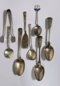 A pair of George III Chester silver spoons, together with five silver spoons, sugar tongs and a