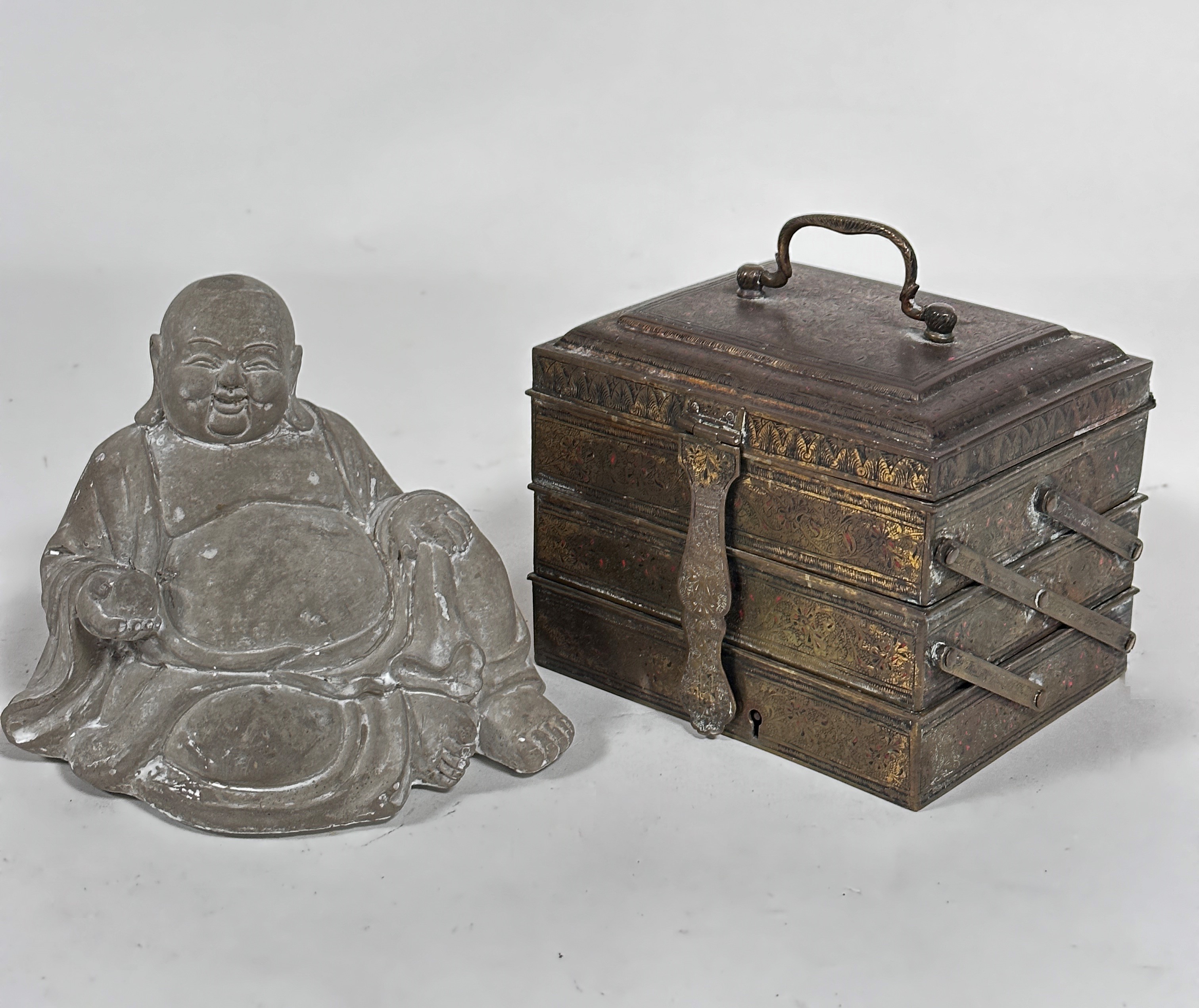A plaster cast seated Happy Buddha figure with grey painted finish (14cm x 14cm) and a Middle