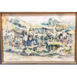 Morag P Thom, Figures at a Flowermarket, watercolour, signed bottom left, dated '92, gilt fabric