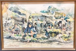 Morag P Thom, Figures at a Flowermarket, watercolour, signed bottom left, dated '92, gilt fabric