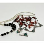 An opaque glass Deco style bead necklace with black glass beads, with paste set spacers, (L:
