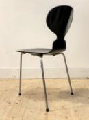 Arne Jacobsen for Fritz Hansen, An Ant chair, black laquered bentwood seat raised on three chromed