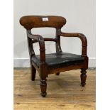 A Victorian Edinburgh pattern mahogany childs chair, the shaped crest rail over down swept arms