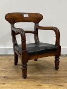 A Victorian Edinburgh pattern mahogany childs chair, the shaped crest rail over down swept arms