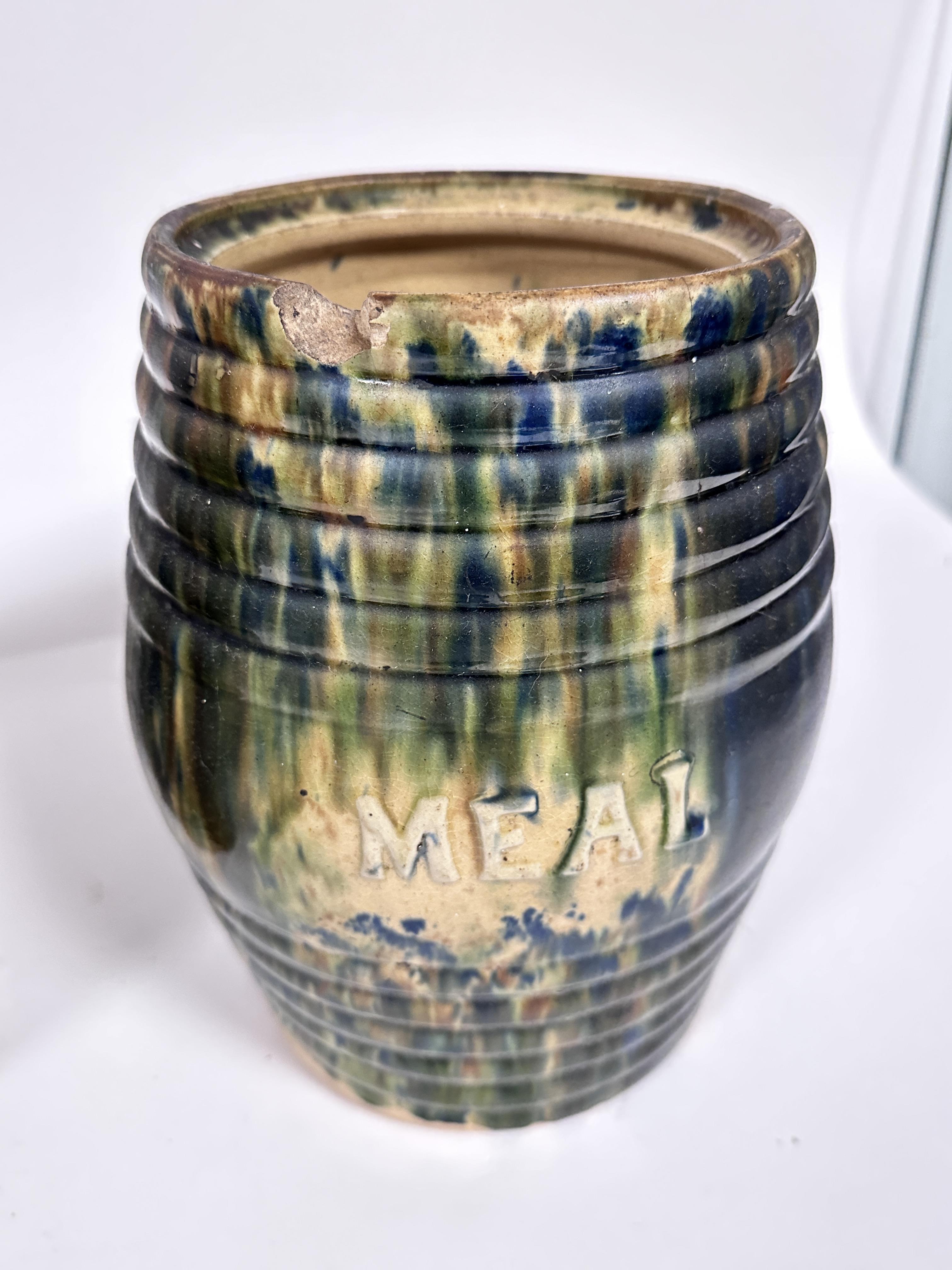 A set of four possibly Methven pottery ribbed barrel storage jars including meal, sugar, flour and - Image 9 of 9