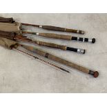 Fishing interest, a Hardy split cane four section rod; a Hardy three section split cane rod; a