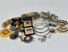 A collection of costume jewellery including a silver lattice band bracelet, (d 7cm)a plain silver