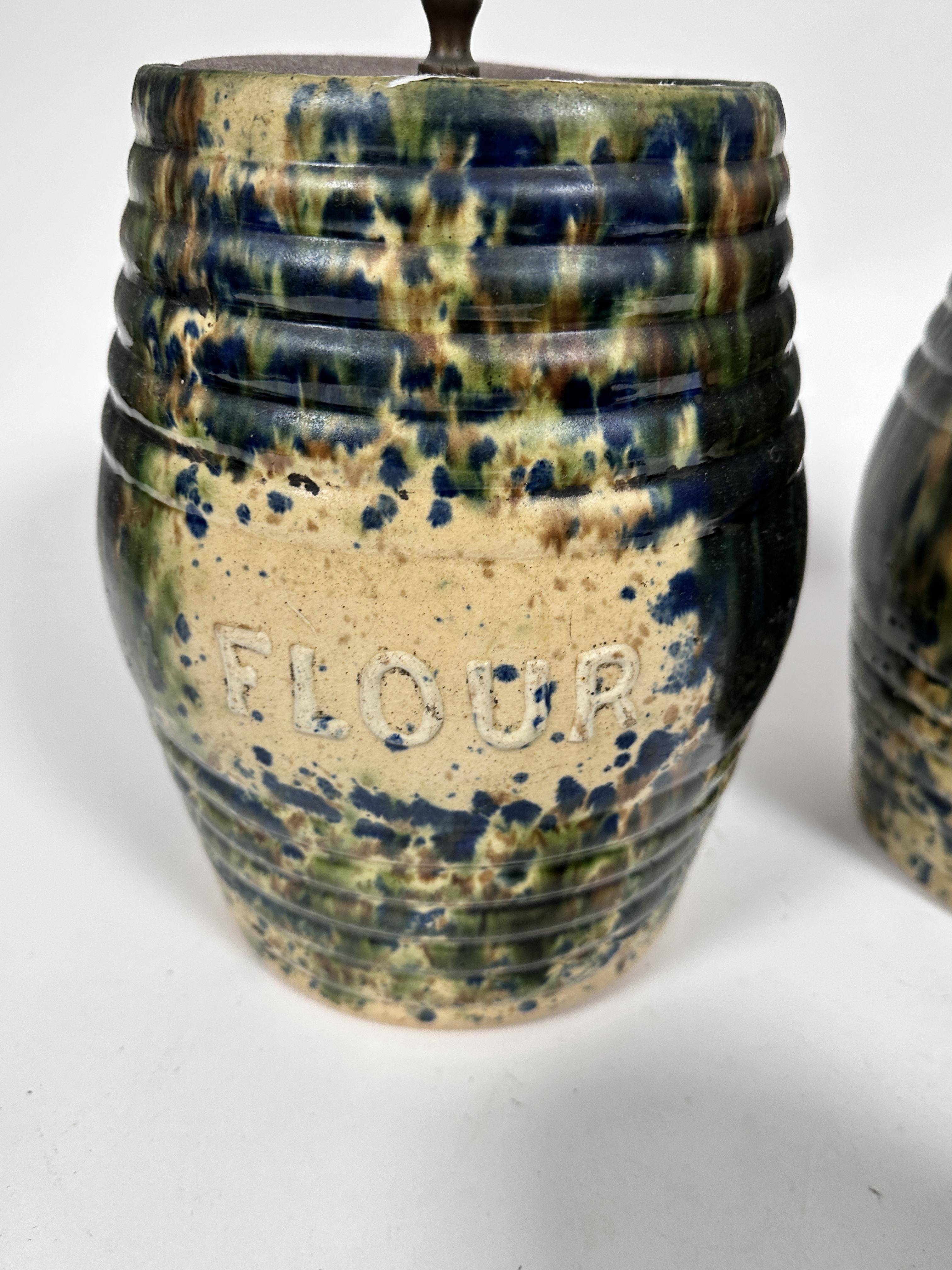 A set of four possibly Methven pottery ribbed barrel storage jars including meal, sugar, flour and - Image 5 of 9