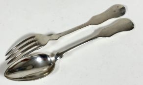 A pair of Continental white metal fiddle pattern table fork and table spoon, (L: 22cm) hallmarked to